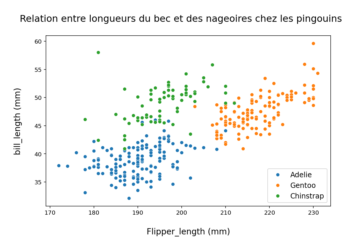 Graphique illustrant Scatter Plot (Longueur du bec vs Longueur des nageoires par espèce de pingouins)
